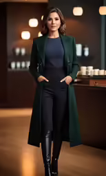 a beautiful woman standing in front of a counter