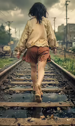 a woman walking on a railroad track while wearing a coat and short shorts