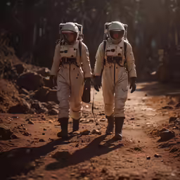 two astronauts walking in a line down a trail
