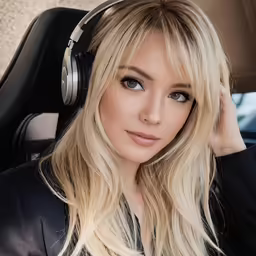 blond haired woman wearing headphones in the car