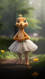a cartoon of a girl wearing a ball gown and standing in a forest