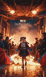 little girl walking through fire and smoke in front of a poster
