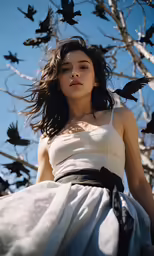 a woman is surrounded by birds in the air