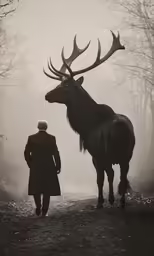 man in coat and trench coat with an antelope on his back