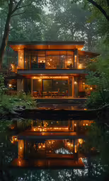 a building sits near a body of water in the evening