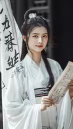 a woman in oriental dress holding up a piece of paper,young asian lady with black hair and white dress holding papers