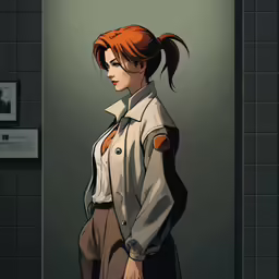 an animated woman in a trench coat stands at a door
