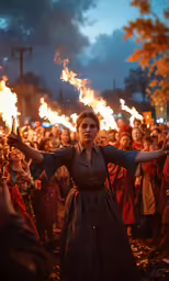 a woman is holding torches as many people look on