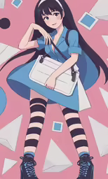 an anime girl in a blue dress carrying a bag and a white purse