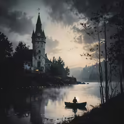 man in boat with church and forest near body of water