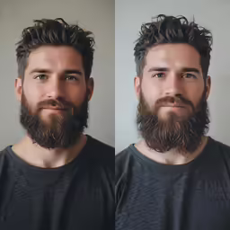 man with curly beard in three pictures posing for the camera
