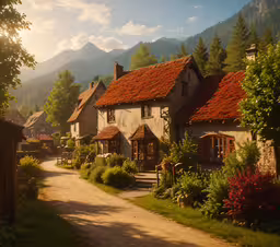 there is an old european house that looks so beautiful,a painting of a country village in the summer sun