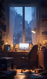 a computer desk in a room with windows and a television