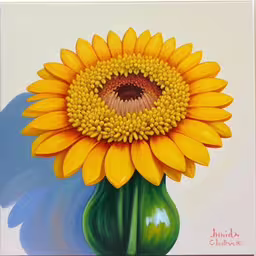 a painting of a yellow sunflower sitting in a green vase,a yellow sunflower in a green vase with water behind it