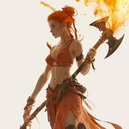 a woman with an evil looking head and fire in her hand holding a large fire torch