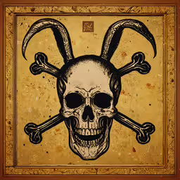 a skull with large horns is shown above a cross - cut sign,an illustration of a skull with horns and a crossbone