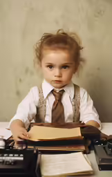 a young girl in a suit sitting at a desk