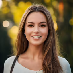 a beautiful woman smiling for the camera in front of trees