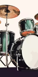 some drums are near the same drum set,a set of drums sits next to two different sizes of cyls