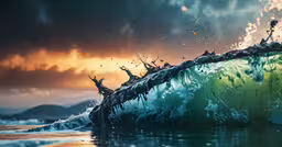 a painting of the ocean waves with dark clouds above it,there is a beautiful sea that appears to be crashing