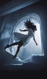 an image of a woman in white flying through the air