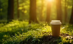 a cup of coffee is sitting on the ground