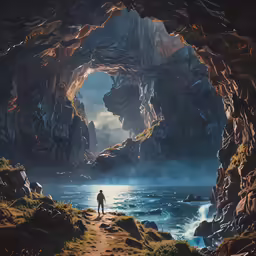 a man walking towards a large cave entrance