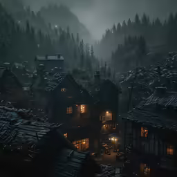a dark picture of some buildings at night