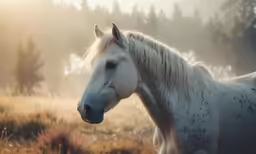 white and grey horse standing in grassy area near tree line
