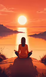 woman sitting on a rock facing the ocean as the sun sets,the silhouette of a woman in the lotus pose while on the beach, looking out at an expanse of land and water that the sun is shining brightly