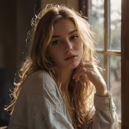 a woman leaning against a window in a house