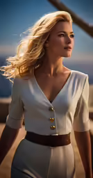 a woman wearing a white and brown dress and black belt