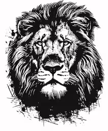 a lion with his eyes closed is drawn in black ink,a black and white drawing of a lion