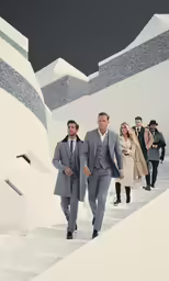 four people in suits are walking up the steps of a building
