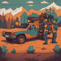 two men are carrying items to the back of a green truck,two men standing next to an off road vehicle in the desert