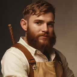 a man with a big, red beard wearing suspenders and holding a baseball bat