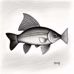 a drawing of a fish that is flying through the air,the fish is in the water near the shore