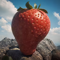 a ripe strawberry sitting on top of some rocks