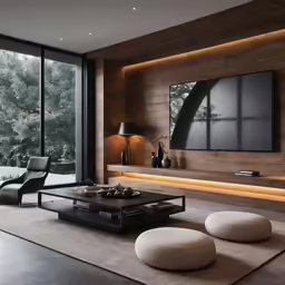 a living room with furniture and large windows
