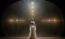 a woman in white dress standing on a stage