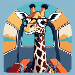 giraffe looking through the open door of a plane,the giraffe with the airplane window poster has been drawn in a cartoon
