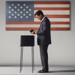 a man in a suit standing next to a grill