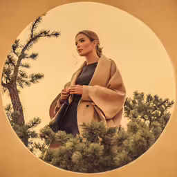 a woman is walking through the woods in a coat