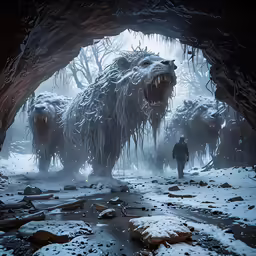 two men in black are looking at the snowy monster