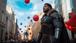a man in black outfit and cape walking down street