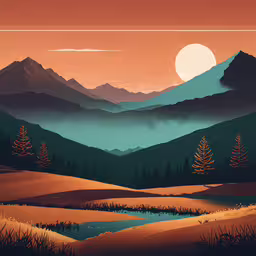 the mountains are shown with trees, grass and a river at sunset,a painting of a mountain range and sun at night