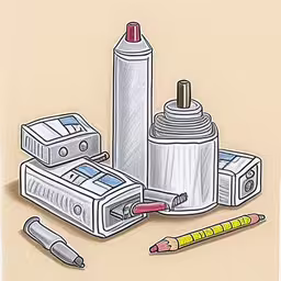 pencils, pen and drawing supplies sitting in a corner,an illustration shows an assortment of office supplies,a group of pens, markers and pencils on the table,a pencil and an ink pen on a desk with other cosmetics items,an assortment of electronic equipment are arranged around the camera