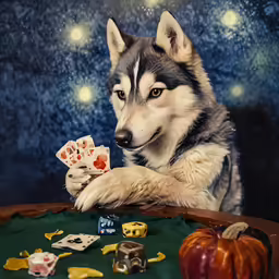 a husky dog playing a game of cards