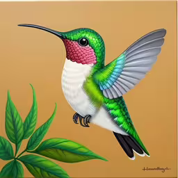 a painting of a humming bird with a green and red tail,an image of a hummingbird flying next to leaves,a small colorful hummingbird with green wings and bright colors,the picture has a hummingbird on it,painting of a colorful hummingbird on a plant with yellow background