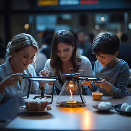 the woman and two boys look at the hour glass light on a table